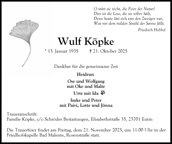 Traueranzeige von Wulf Köpke von Ostholsteiner Anzeiger
