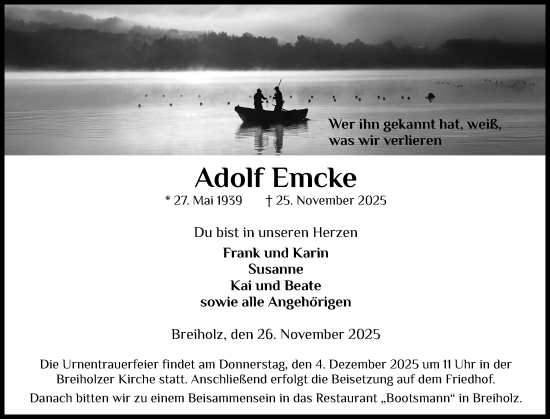 Traueranzeige von Adolf Emcke von Schleswig-Holsteinische Landeszeitung