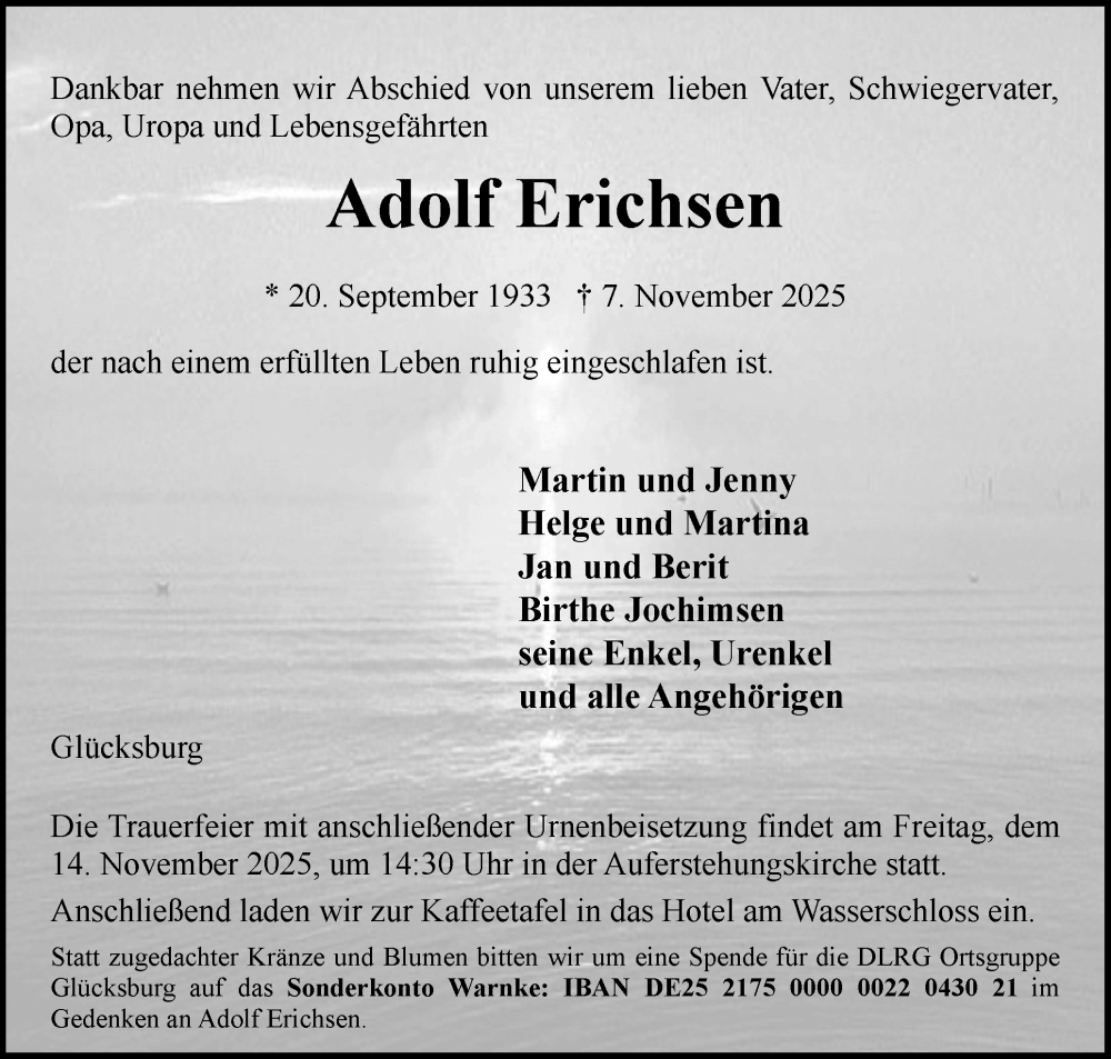  Traueranzeige für Adolf Erichsen vom 12.11.2025 aus Flensburger Tageblatt