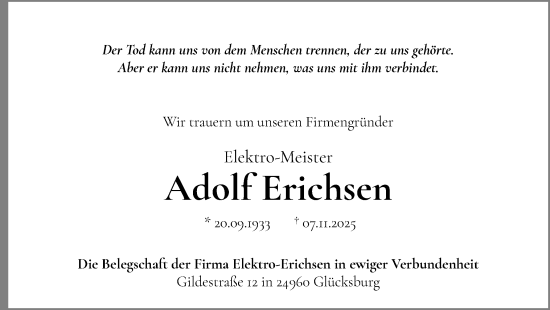 Traueranzeige von Adolf Erichsen von Flensburger Tageblatt