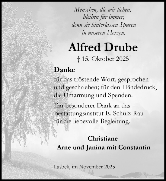 Traueranzeige von Alfred Drube von MARKT Bad Oldesloe/Reinfeld und Stormarner Tageblatt
