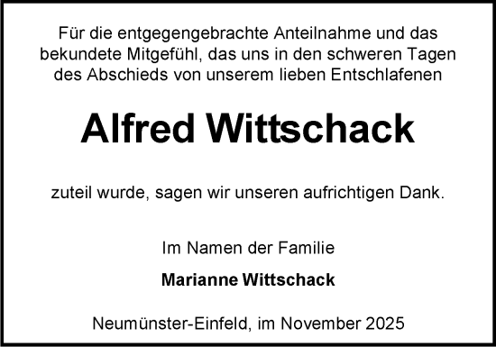Traueranzeige von Alfred Wittschack von Holsteinischer Courier
