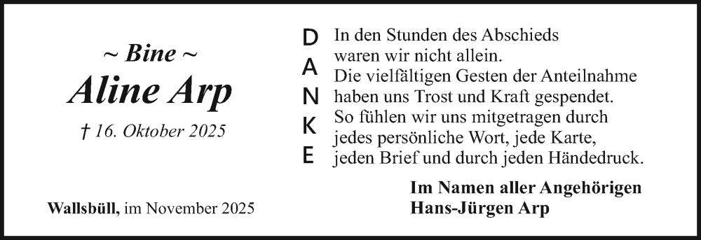  Traueranzeige für Aline Arp vom 28.11.2025 aus Flensburger Tageblatt