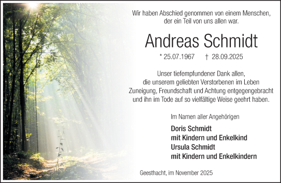 Traueranzeige von Andreas Schmidt von Wochenend Anzeiger