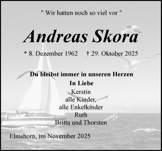 Traueranzeige von Andreas Skora von Elmshorner Nachrichten, Barmstedter Zeitung