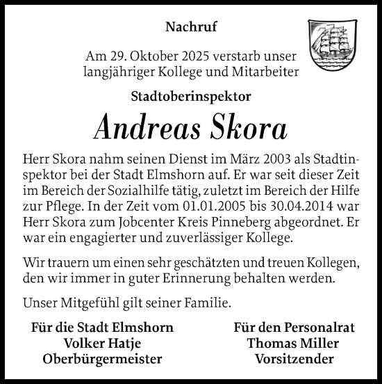 Traueranzeige von Andreas Skora von Elmshorner Nachrichten, Barmstedter Zeitung