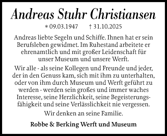 Traueranzeige von Andreas Stuhr Christiansen von Flensburger Tageblatt