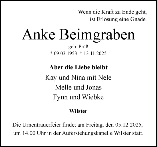 Traueranzeige von Anke Beimgraben von Norddeutsche Rundschau, Wilstersche Zeitung, Glückstädter Fortuna
