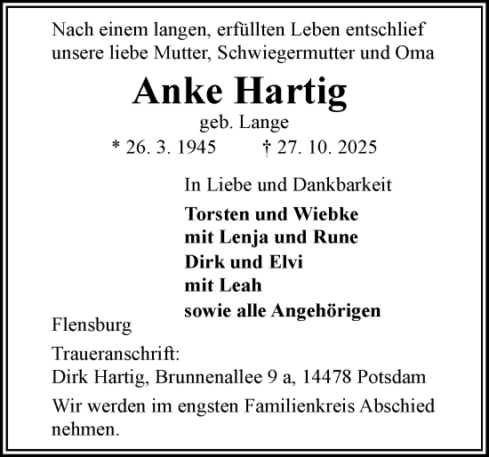Traueranzeige von Anke Hartig von Flensburger Tageblatt