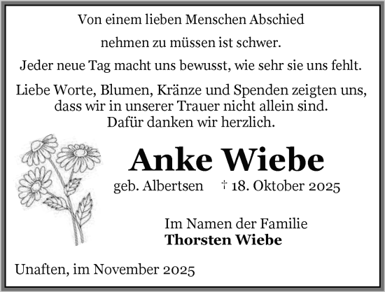 Traueranzeige von Anke Wiebe von Flensburger Tageblatt