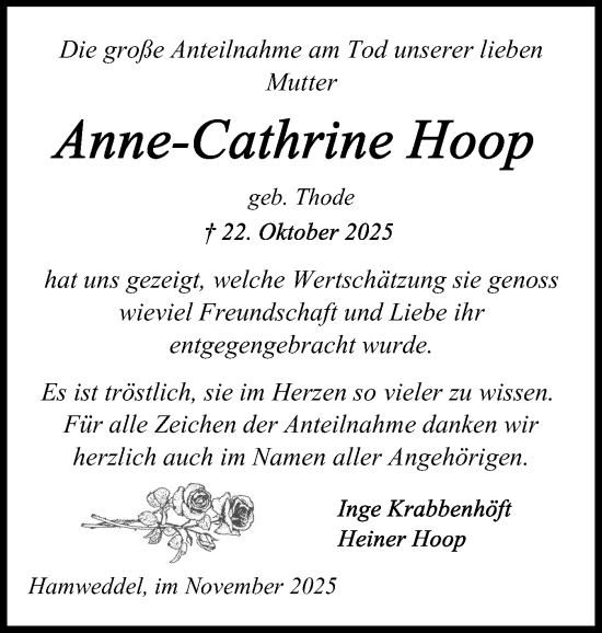 Traueranzeige von Anne-Cathrine Hoop von Schleswig-Holsteinische Landeszeitung