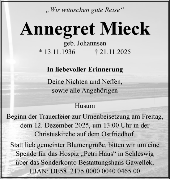 Traueranzeige von Annegret Mieck von Husumer Nachrichten, Nordfriesland Tageblatt