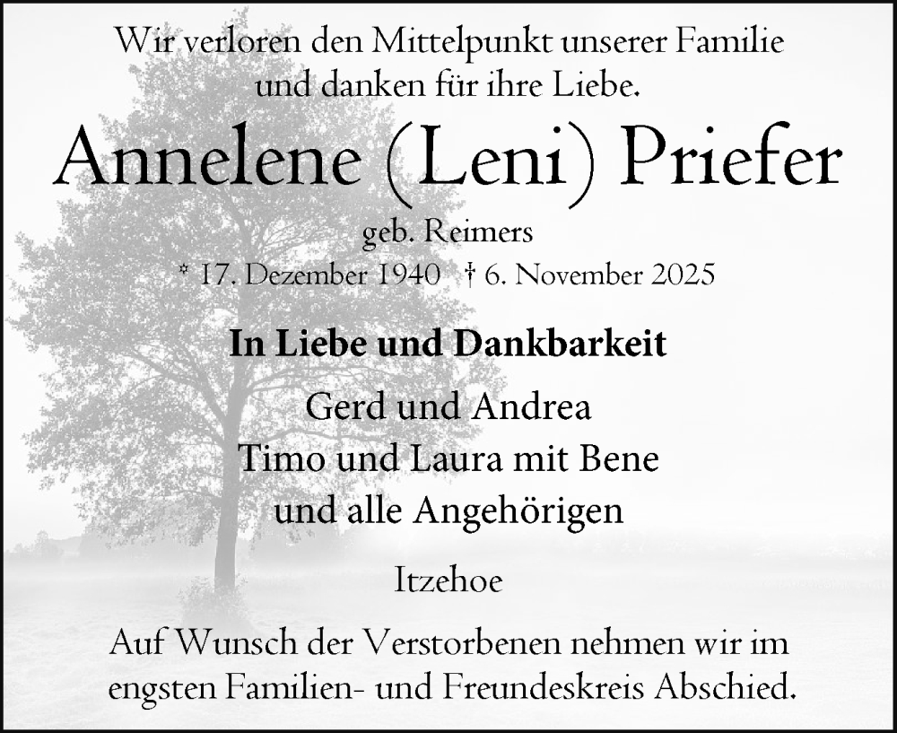  Traueranzeige für Annelene Priefer vom 15.11.2025 aus Norddeutsche Rundschau, Wilstersche Zeitung, Glückstädter Fortuna