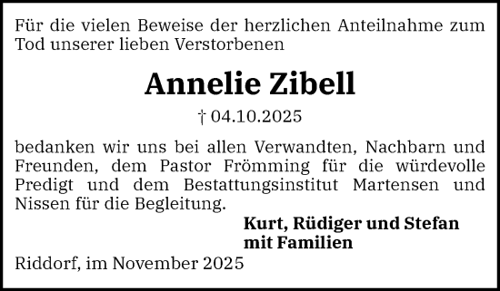 Traueranzeige von Annelie Zibell von Husumer Nachrichten, Nordfriesland Tageblatt