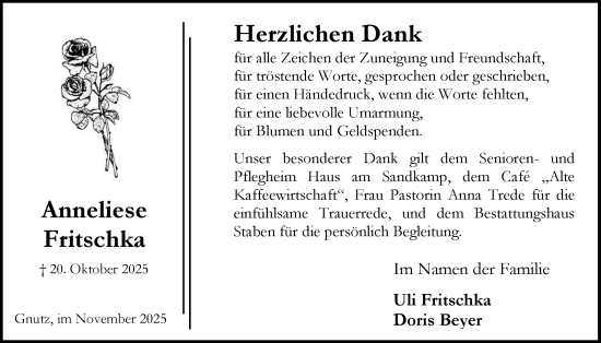Traueranzeige von Anneliese Fritschka von Schleswig-Holsteinische Landeszeitung