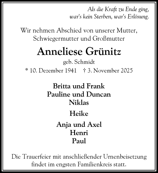 Traueranzeige von Anneliese Grünitz von Heimatspiegel