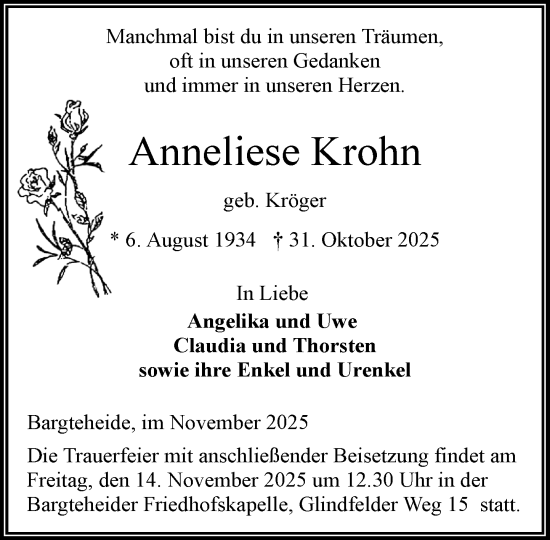 Traueranzeige von Anneliese Krohn von MARKT Ahrensburg/Bargteheide/Trittau und Stormarner Tageblatt