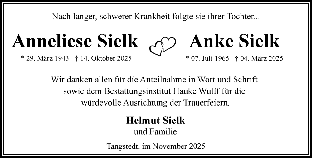  Traueranzeige für Anneliese  Sielk vom 08.11.2025 aus Heimatspiegel