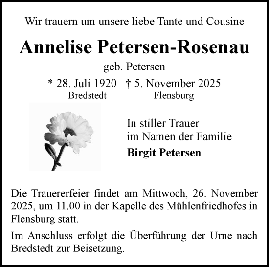Traueranzeige von Annelise Petersen-Rosenau von Flensburger Tageblatt