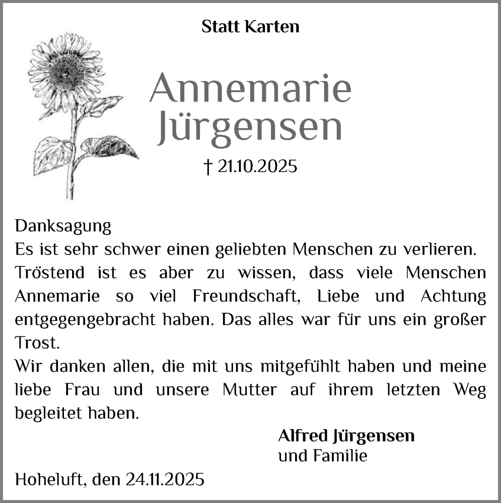  Traueranzeige für Annemarie Jürgensen vom 29.11.2025 aus Schleswiger Nachrichten, Schlei-Bote