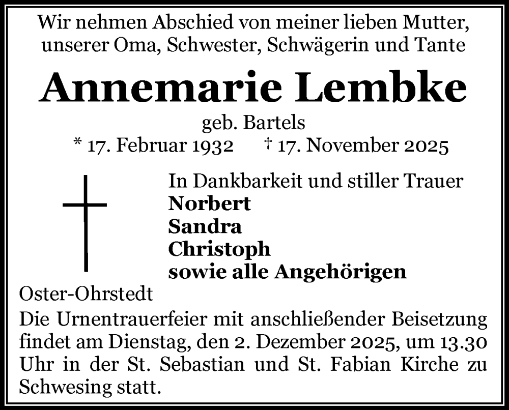  Traueranzeige für Annemarie Lembke vom 26.11.2025 aus Husumer Nachrichten, Nordfriesland Tageblatt