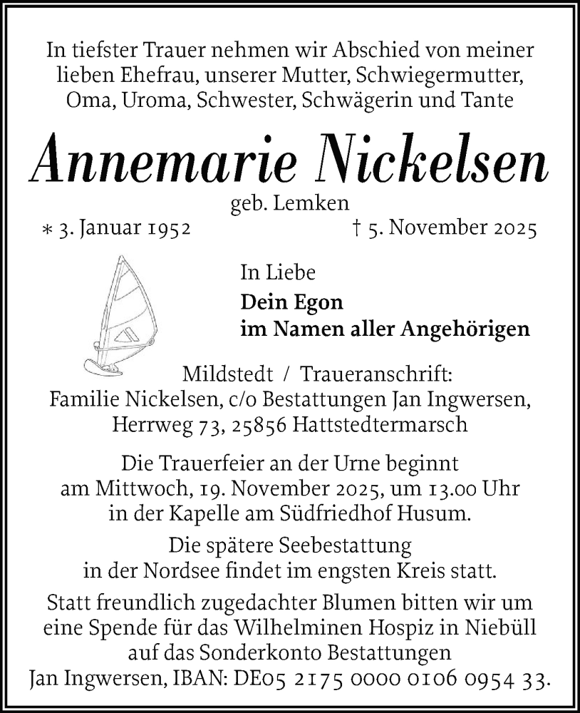  Traueranzeige für Annemarie Nickelsen vom 12.11.2025 aus Husumer Nachrichten, Nordfriesland Tageblatt