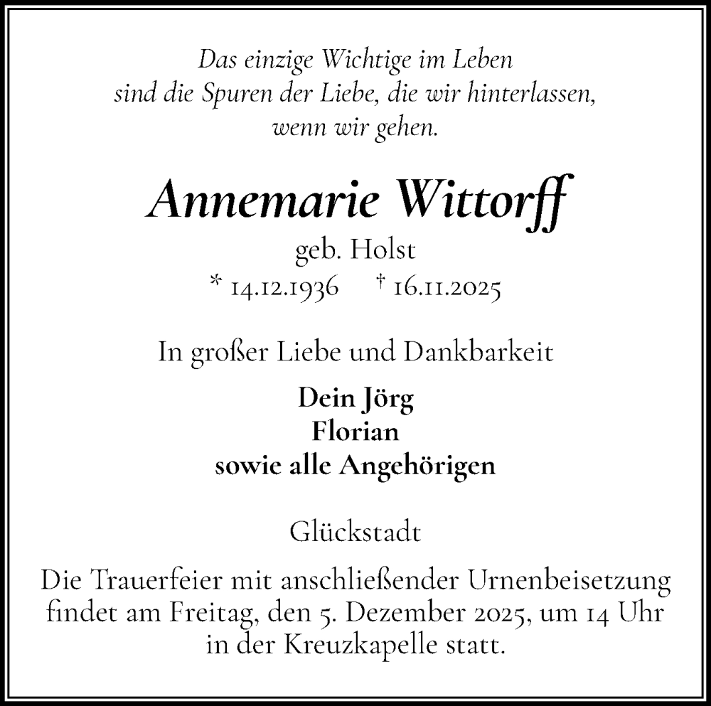  Traueranzeige für Annemarie Wittor vom 29.11.2025 aus Norddeutsche Rundschau, Wilstersche Zeitung, Glückstädter Fortuna