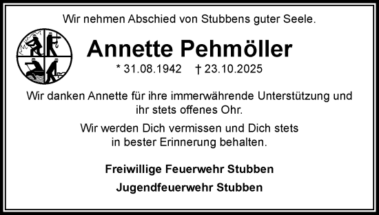 Traueranzeige von Annette Pehmöller von MARKT Bad Oldesloe/Reinfeld und Stormarner Tageblatt