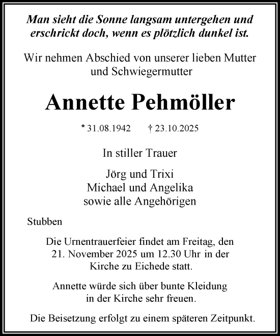 Traueranzeige von Annette Pehmöller von MARKT Bad Oldesloe/Reinfeld und Stormarner Tageblatt