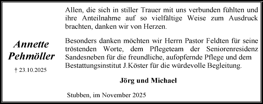  Traueranzeige für Annette Pehmöller vom 29.11.2025 aus MARKT Bad Oldesloe/Reinfeld und Stormarner Tageblatt