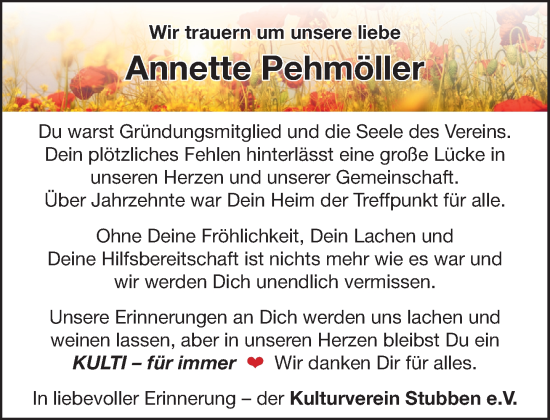 Traueranzeige von Annette Pehmöller von MARKT Bad Oldesloe/Reinfeld und Stormarner Tageblatt