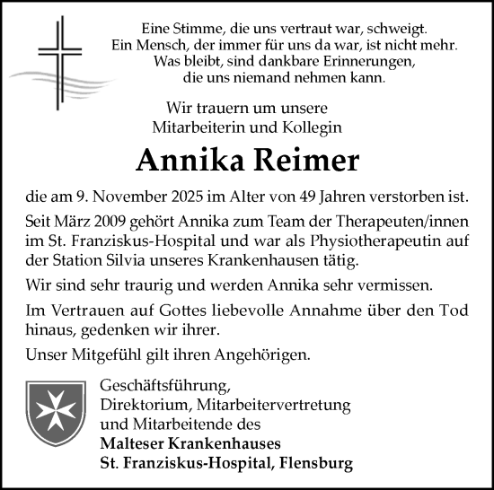 Traueranzeige von Annika Reimer von Flensburger Tageblatt