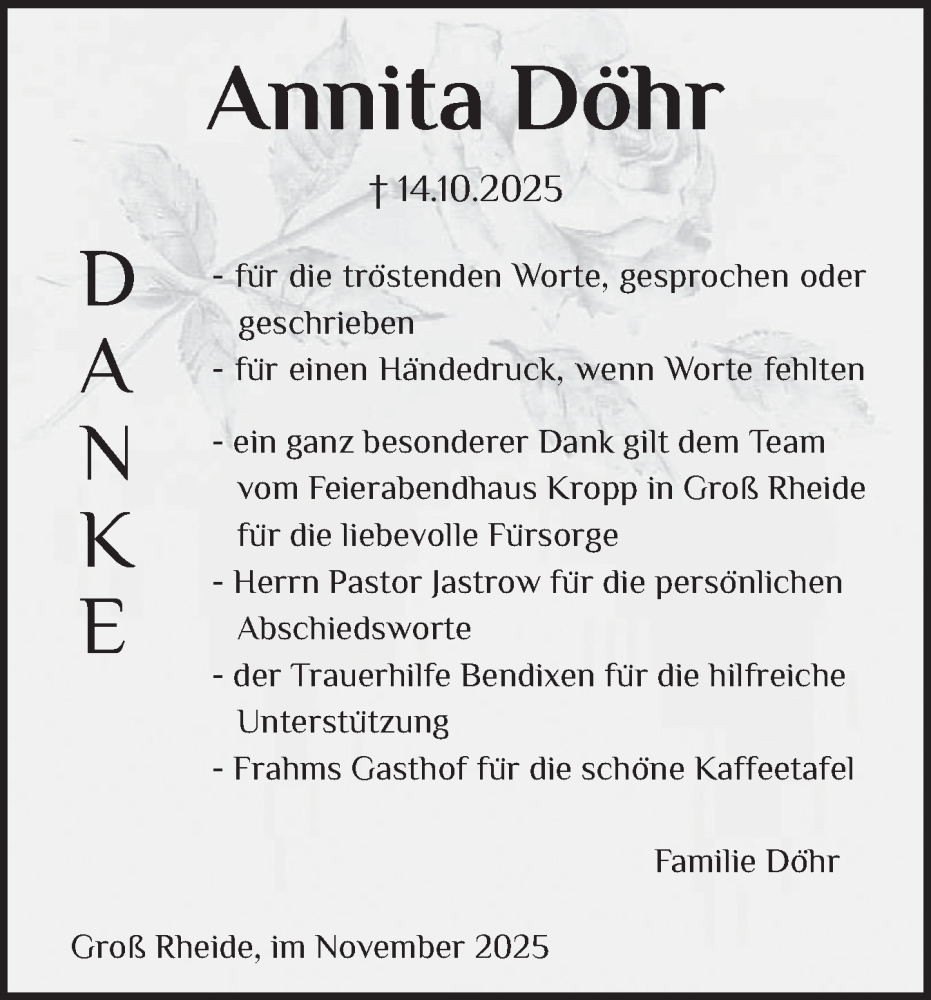  Traueranzeige für Annita Döhr vom 22.11.2025 aus Schleswig-Holsteinische Landeszeitung