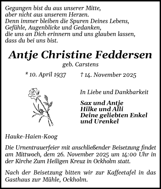 Traueranzeige von Antje Christine Feddersen von Husumer Nachrichten, Nordfriesland Tageblatt