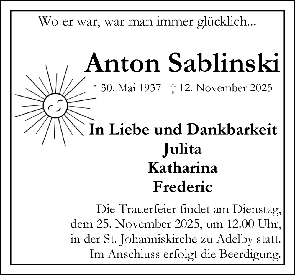  Traueranzeige für Anton Sablinski vom 15.11.2025 aus Flensburger Tageblatt