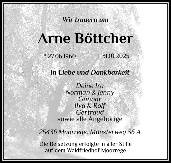 Traueranzeige von Arne Böttcher von Uetersener Nachrichten, Der tip am Wochenende