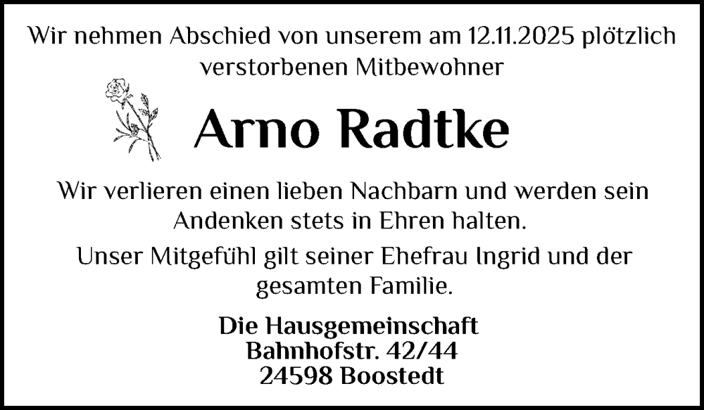  Traueranzeige für Arno Radtke vom 29.11.2025 aus Holsteinischer Courier