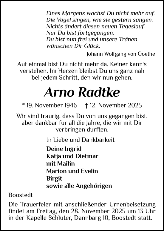 Traueranzeige von Arno Radtke von Holsteinischer Courier