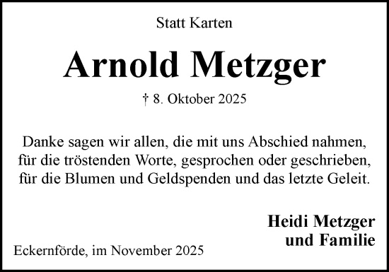 Traueranzeige von Arnold Metzger von Eckernförder Zeitung, Hallo Eckernförde