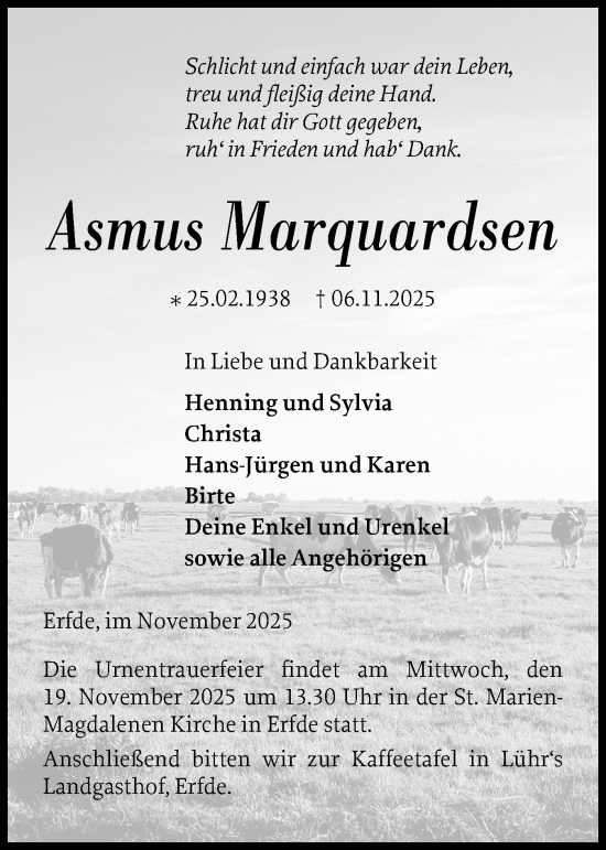 Traueranzeige von Asmus Marquardsen von Schleswig-Holsteinische Landeszeitung