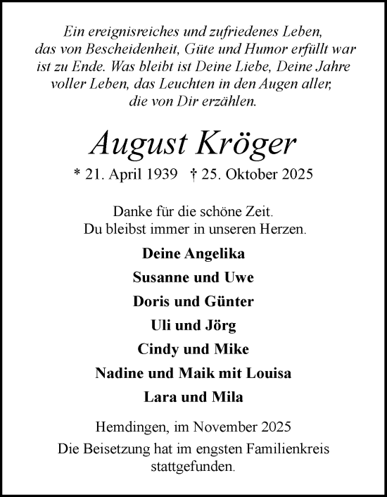Traueranzeige von August Kröger von Elmshorner Nachrichten, Barmstedter Zeitung