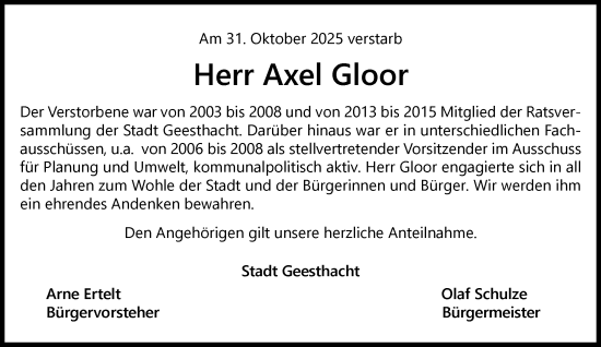 Traueranzeige von Axel Gloor von Wochenend Anzeiger