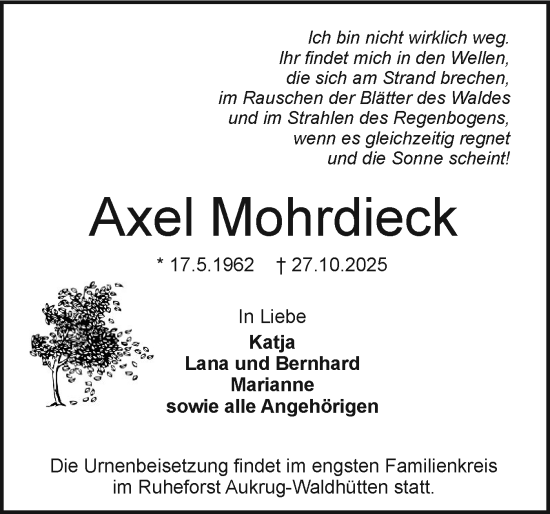 Traueranzeige von Axel Mohrdieck von Norddeutsche Rundschau, Wilstersche Zeitung, Glückstädter Fortuna