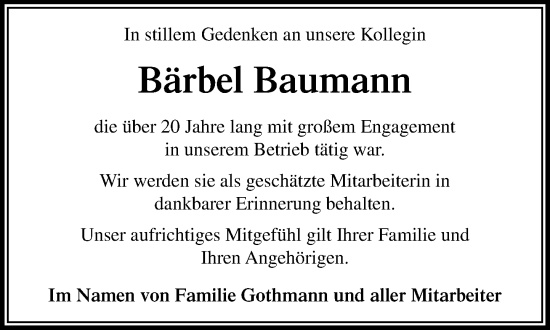 Traueranzeige von Bärbel Baumann von MARKT Ratzeburg/Mölln