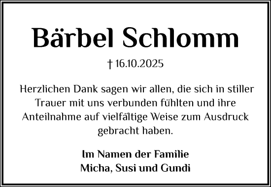 Traueranzeige von Bärbel Schlomm von Norddeutsche Rundschau, Wilstersche Zeitung, Glückstädter Fortuna