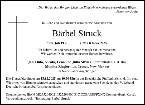 Traueranzeige von Bärbel Struck von MARKT Ahrensburg/Bargteheide/Trittau und Stormarner Tageblatt