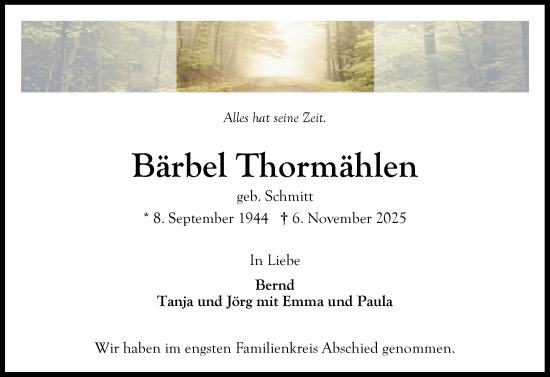 Traueranzeige von Bärbel Thormählen von Ostholsteiner Anzeiger