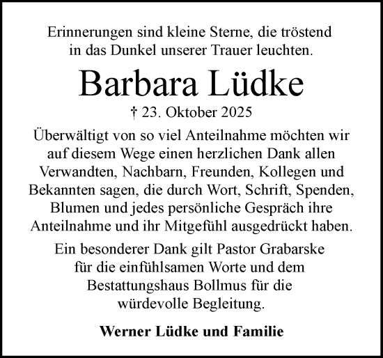 Traueranzeige von Barbara Lüdke von Schleswig-Holsteinische Landeszeitung