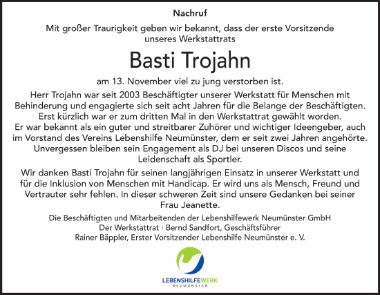 Traueranzeige von Basti Trojahn von Holsteinischer Courier