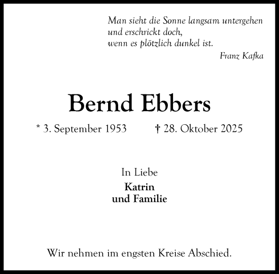 Traueranzeige von Bernd Ebbers von MARKT Ahrensburg/Bargteheide/Trittau und Stormarner Tageblatt